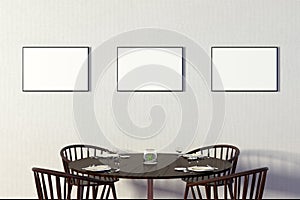 Modern restaurant interior with served tables and blank poster