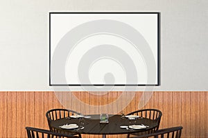 Modern restaurant interior with served tables and blank poster