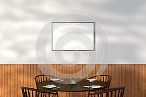 Modern restaurant interior with served tables and blank poster