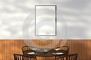 Modern restaurant interior with served tables and blank poster