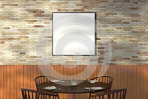 Modern restaurant interior with served tables and blank poster