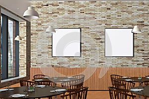Modern restaurant interior with served tables and blank poster