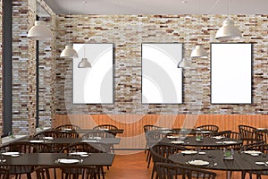 Modern restaurant interior with served tables and blank poster