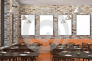 Modern restaurant interior with served tables and blank poster