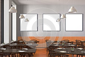 Modern restaurant interior with served tables and blank poster