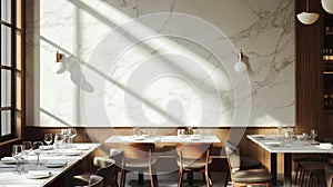 Modern Restaurant Interior with Marble Walls and Natural Light