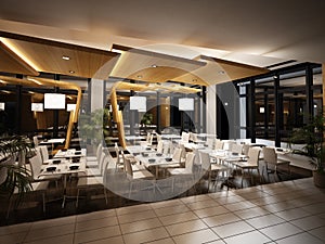 Modern restaurant interior view.