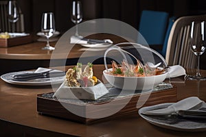 modern restaurant, showcasing the diversity of international cuisine with experimental dishes and fusion flavors