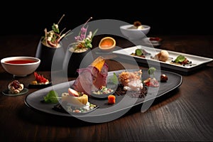 modern restaurant, showcasing the diversity of international cuisine with experimental dishes and fusion flavors