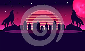 Modern retro abstract wallpaper background banner wolf howling night neon city lights with big moon