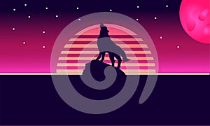 Modern retro abstract wallpaper banner background wolf howling neon lights