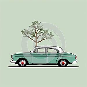 Modern And Retro Car With Tree: Dark Green And Sky-blue Minimalistic Portraits