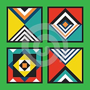 Modern retro colorful and vivid colors geometrical square tiles frames pattern set on green