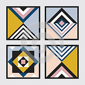 Modern retro colors geometrical triangle and square tiles frames pattern set on gray