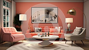 A modern retro living room adorned with coral accents, sleek furniture, and minimalist decor, exuding warmth and style with a