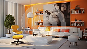 A modern retro living room concept with amber accent walls, sleek white furniture, and pops of color from retro-inspired accent