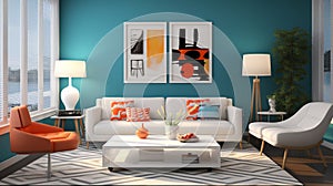 A modern retro living room concept with azure accent walls, sleek white furniture, and pops of color from retro-inspired accent