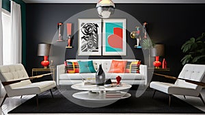 A modern retro living room concept with black accent walls, sleek white furniture, and pops of color from retro-inspired accent