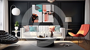 A modern retro living room concept with black accent walls, sleek white furniture, and pops of color from retro-inspired accent