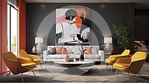 A modern retro living room concept with charcoal accent walls, sleek white furniture, and pops of color from retro-inspired accent