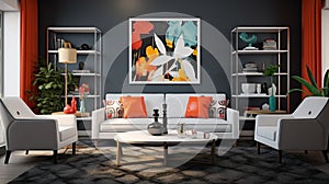 A modern retro living room concept with charcoal accent walls, sleek white furniture, and pops of color from retro-inspired accent