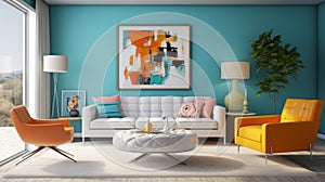 A modern retro living room concept with cyan accent walls, sleek white furniture, and pops of color from retro-inspired accent