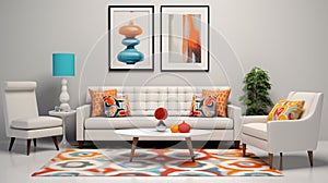 A modern retro living room concept featuring white walls, minimalist white furniture, and bold retro patterns on accent pillows