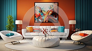 A modern retro living room concept with grapevine-colored accent walls, sleek white furniture, and pops of color from retro-