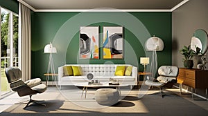 A modern retro living room concept with green accent walls, sleek white furniture, and pops of color from retro-inspired accent