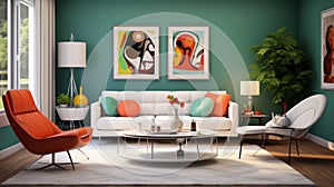 A modern retro living room concept with green accent walls, sleek white furniture, and pops of color from retro-inspired accent