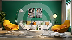 A modern retro living room concept with green accent walls, sleek white furniture, and pops of color from retro-inspired accent