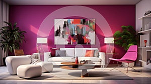 A modern retro living room concept with magenta accent walls, sleek white furniture, and pops of color from retro-inspired accent