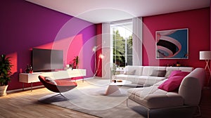 A modern retro living room concept with magenta accent walls, sleek white furniture, and pops of color from retro-inspired accent