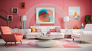 A modern retro living room concept with pink accent walls, sleek white furniture, and pops of color from retro-inspired accent