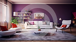 A modern retro living room concept with purple accent walls, sleek white furniture, and pops of color from retro-inspired accent