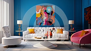 A modern retro living room concept with sapphire accent walls, sleek white furniture, and pops of color from retro-inspired accent