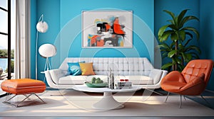 A modern retro living room concept with sky blue accent walls, sleek white furniture, and pops of color from retro-inspired accent