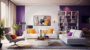 A modern retro living room concept with violet accent walls, sleek white furniture, and pops of color from retro-inspired accent