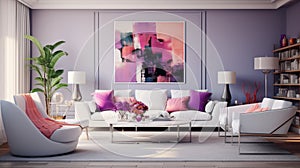 A modern retro living room concept with violet accent walls, sleek white furniture, and pops of color from retro-inspired accent