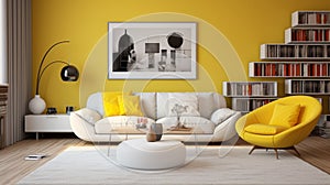 A modern retro living room concept with yellow accent walls, sleek white furniture, and pops of color from retro-inspired accent