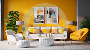 A modern retro living room concept with yellow accent walls, sleek white furniture, and pops of color from retro-inspired accent