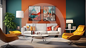 A modern retro living room design featuring amber accent walls, sleek white furniture, and pops of color from retro-inspired