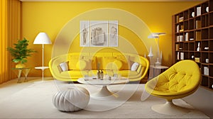 A modern retro living room design featuring lemon yellow accent walls, sleek white furniture, and pops of color from retro-
