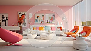 A modern retro living room design featuring pink accent walls, sleek white furniture, and pops of color from retro-inspired accent