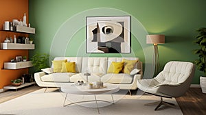 A modern retro living room design featuring pista green accent walls, sleek white furniture, and pops of color from retro-inspired