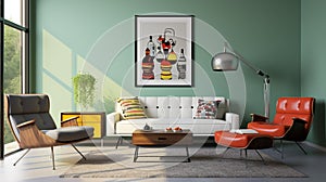 A modern retro living room design featuring pista green accent walls, sleek white furniture, and pops of color from retro-inspired