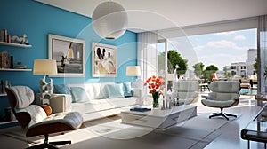 A modern retro living room design featuring sky blue accent walls, sleek white furniture, and pops of color from retro-inspired