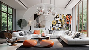 A modern retro living room design with white walls, white leather sofas, and retro-inspired pendant lights, creating a sleek and