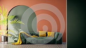 Modern retro living room with green and orange wall 3d render. The Rooms have pattern floor