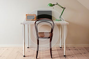 Modern retro minimalist workspace in a white home office room. G